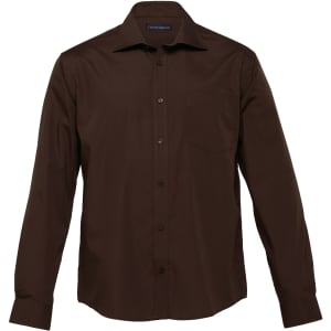 A brown button-up shirt with a collar and single chest pocket, featuring a logo on the tag.