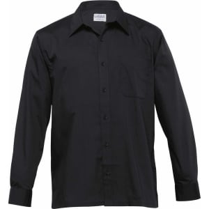 A black button-up shirt with long sleeves and a single chest pocket, featuring a logo on the label.