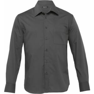 A men's long sleeve button-up shirt in dark grey with a single pocket and branding.