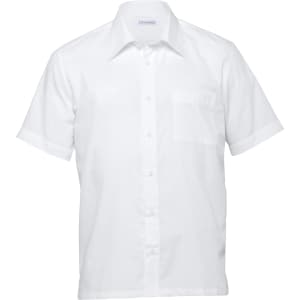 A short sleeve white button-up shirt for men, featuring a pocket and a logo on the collar.