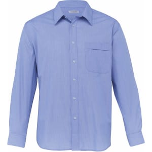 A light blue men's shirt with a button-up front, long sleeves, and a single chest pocket. Features a logo.