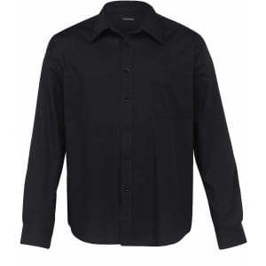 A black button-up shirt for men featuring long sleeves and a pocket. Includes a small logo on the chest.