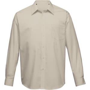A light beige button-up shirt for men featuring long sleeves and a single chest pocket. It has a branding logo.