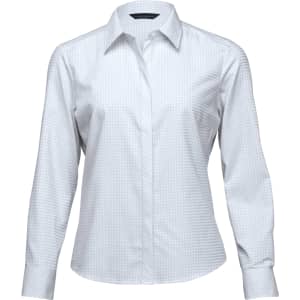 A women's button-up shirt in a light grey check pattern with a collar and long sleeves. The shirt features a logo.