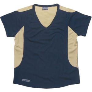 A navy and beige women's adventure tee featuring a V-neck and short sleeves. Includes a logo. 