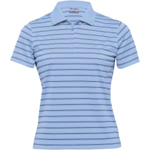 Light blue women's polo shirt with vertical stripes and a collar, featuring a logo.