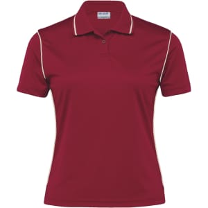 A maroon women's polo shirt with contrast piping and a collar, featuring a small logo.