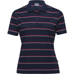A navy blue women's polo shirt with horizontal stripes in red and white. It features a branding logo on the side.