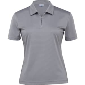 A women's polo shirt in grey with a zipper and a short sleeve design, featuring a brand logo.