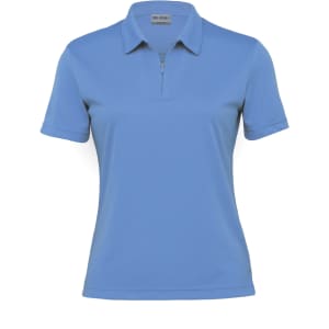 A women's polo shirt in light blue with a zippered placket and a logo. Short sleeves and a fitted design.