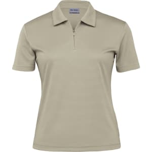 A women's short-sleeve polo shirt in light beige, featuring a zip collar and a logo.