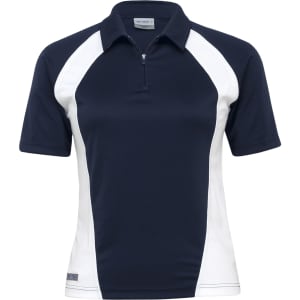 A navy and white women's polo shirt featuring a zip and a logo. Suitable for active wear.