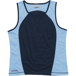 A women's active singlet in light blue and navy, featuring a contrasting design and a logo.