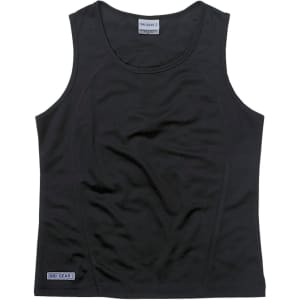 A black women's singlet with a fitted design, featuring branding on the side.