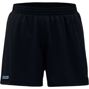 Black women's sports shorts with an elastic waistband and a small branding logo on the side.