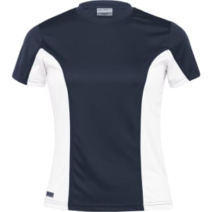 A women's active T-shirt in navy and white, featuring a logo on the front.