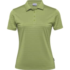 A green women's polo shirt with a subtle striped pattern and a collar, featuring a logo.