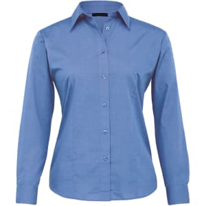 A women's button-up shirt in a light blue colour with a classic collar and long sleeves. It features a subtle branding logo.
