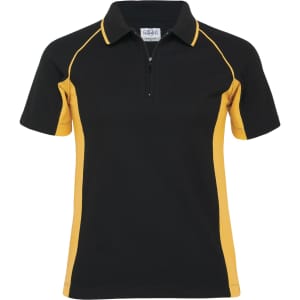 A women's polo shirt in black with yellow accents, featuring a zippered collar and a logo.