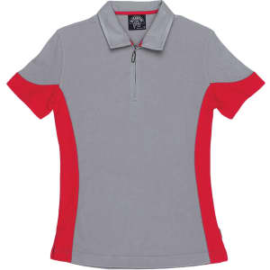 A women's polo shirt featuring a grey body with red accents and a zippered collar. Includes a logo.