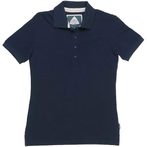 A navy blue women's polo shirt with a collar and button placket, featuring a logo on the front.