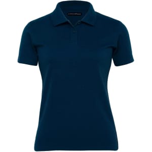 A dark navy women's polo shirt with a classic collar and short sleeves. It features a logo on the chest.