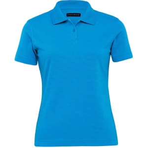 A polo shirt in bright blue with a classic collar and short sleeves, featuring a logo.