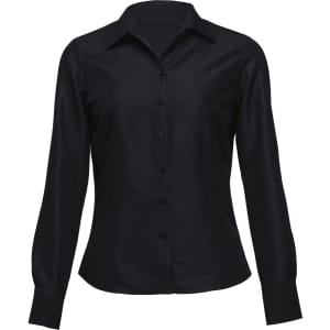 A black long sleeve button-up shirt for women, featuring a classic collar and a sleek design.