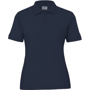 A women's polo shirt in navy blue with a zippered front and short sleeves, featuring a logo on the chest.