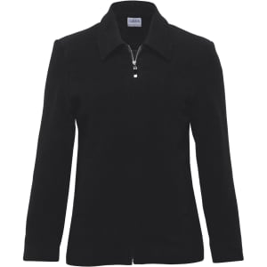 A black women's Melton wool jacket with a zip front and collar. It features long sleeves and a classic design.