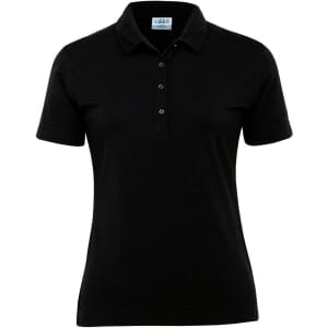 A black women's polo shirt featuring a classic collar, short sleeves, and buttons, with a logo on the chest.