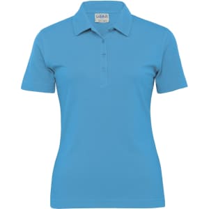 A women’s polo shirt in a bright blue colour with a collar and a logo. Short sleeves and a fitted style.