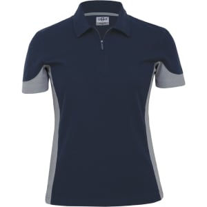 A women's polo shirt in navy blue with grey accents and a zip neckline. Features a logo on the chest area.