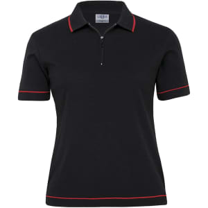 A women's retro waffle polo shirt in black with red contrasting trim and a zippered neckline.