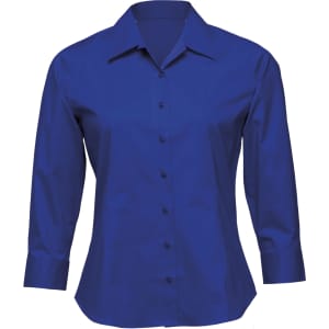 A blue women's stretch fitted blouse with a button-up front and long sleeves. It features a collar and has a logo.