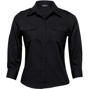 A black button-up shirt for women featuring two chest pockets and shoulder detailing. It has a structured fit and long sleeves.