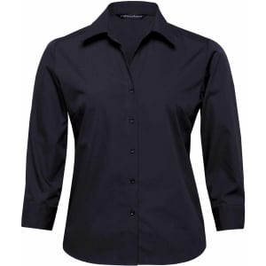 A black women's button-up shirt with a collar and long sleeves, featuring a logo on the left side.