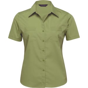 A green short-sleeved women's button-up shirt with two chest pockets and a collar, featuring a logo.