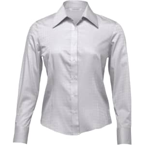 A women's button-up shirt in light grey with a subtle grid pattern, featuring long sleeves and a collar.