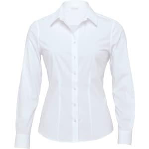 A white button-up shirt for women with long sleeves and a fitted design, featuring a logo on the collar.