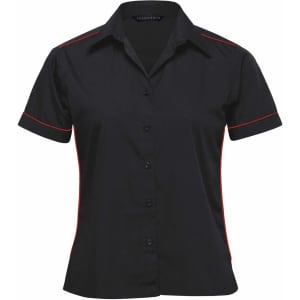 A black women's button-up shirt with red piping, featuring a logo on the chest.