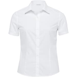A white short sleeve button-up shirt for women, featuring a fitted design and a subtle logo.