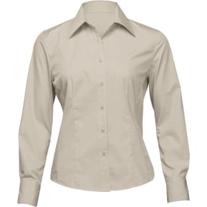 A button-up women's shirt in a light tan colour with long sleeves and a collar, featuring a logo.