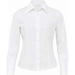 A white button-up shirt for women with long sleeves and a fitted silhouette, featuring a collar and branding.
