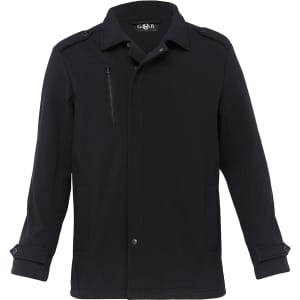 A men's soft shell jacket in black with a collar and multiple pockets. It features a logo on the front.