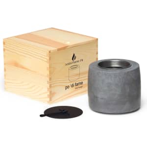 A grey flame pit with a wooden storage box, featuring a round design and a black lid.