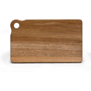 A wooden cheese board in a natural finish, featuring a rounded edge and a hole for hanging.
