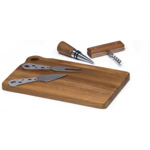 A wooden cheese board set featuring stainless steel knives, a corkscrew, and a bottle stopper.