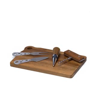 A cheese board set featuring a wooden board, two stainless steel knives, a corkscrew, and a wine pourer.