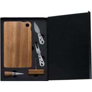 A cheese board set featuring a wooden board, stainless steel knives, and a corkscrew in a black box.